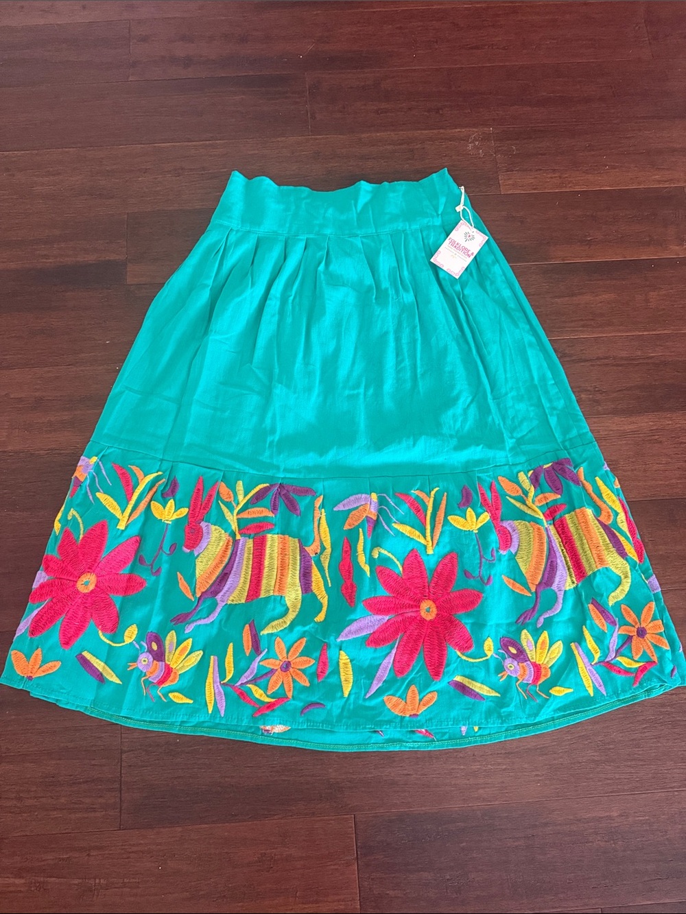 Turquoise Embroidered Floral & Animal Maxi Skirt